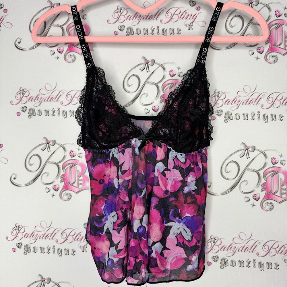 Bcbg tank top crop floral mesh black pink purple white logo straps sexy cute